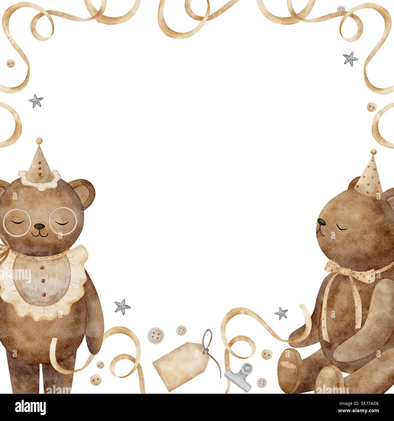 Incorniciare orsi vintage, nastri beige, cuciture di bottoni, cartellini. Illustrazione ad acquerello disegnata a mano in stile retrò su sfondo bianco. Sagoma quadrata Foto Stock