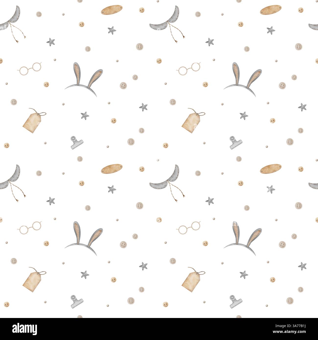 Spighe conigliette, bottoni, tag, stelle senza cuciture. Stampa acquerello in stile retrò. Illustrazione disegnata a mano isolata sullo sfondo per la progettazione di Foto Stock