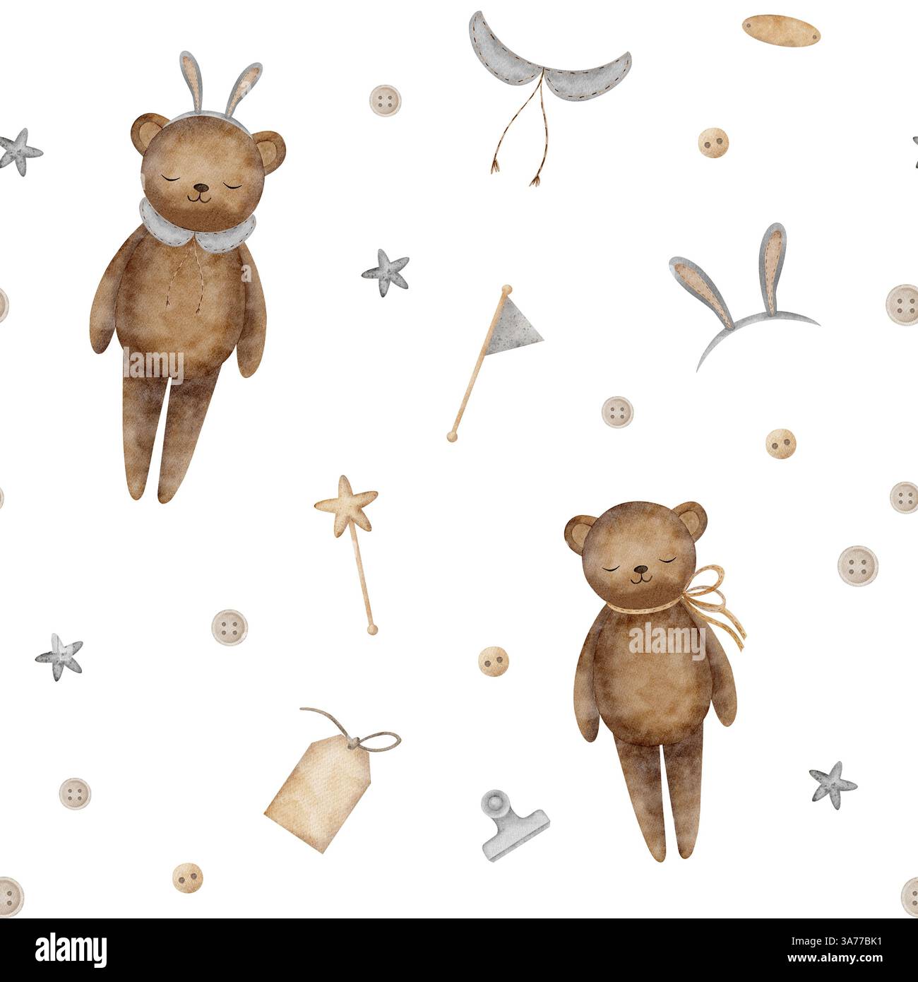 Orsacchiotto con motivo ad acquerello in orecchie da coniglietto intorno agli oggetti per hobby. Stampa senza cuciture di giocattoli vintage, illustrazioni in stile cartoni animati su sfondo per tessuti Foto Stock