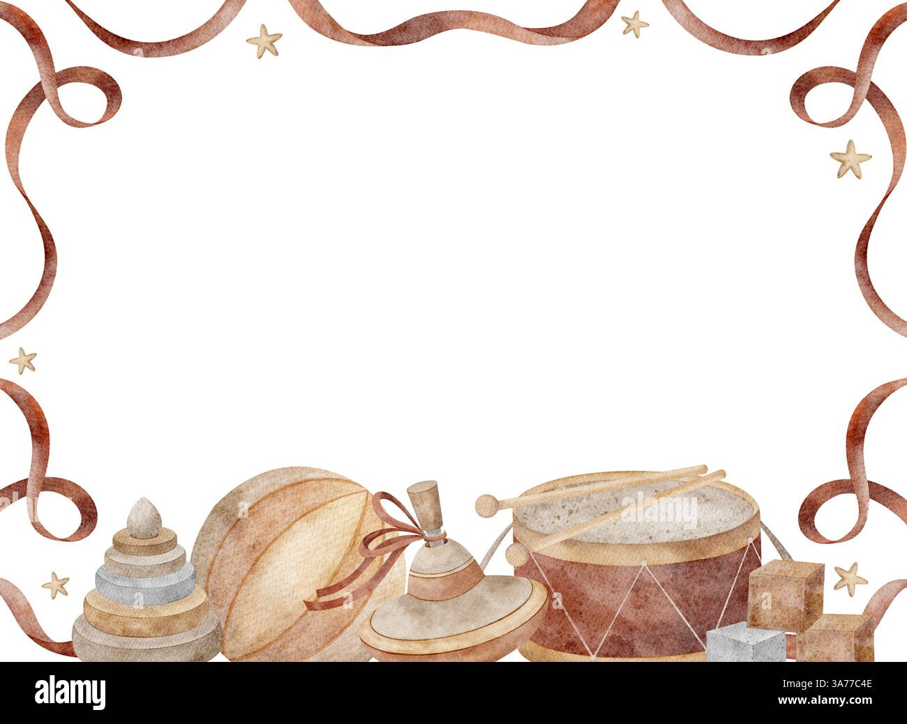 Cornice ad acquerello di nastri rossi con tamburo di giocattoli vintage, piramide, cubi, top rotante, palla. Posizione del modello rettangolare per il testo. Disegnato a mano retrò Foto Stock