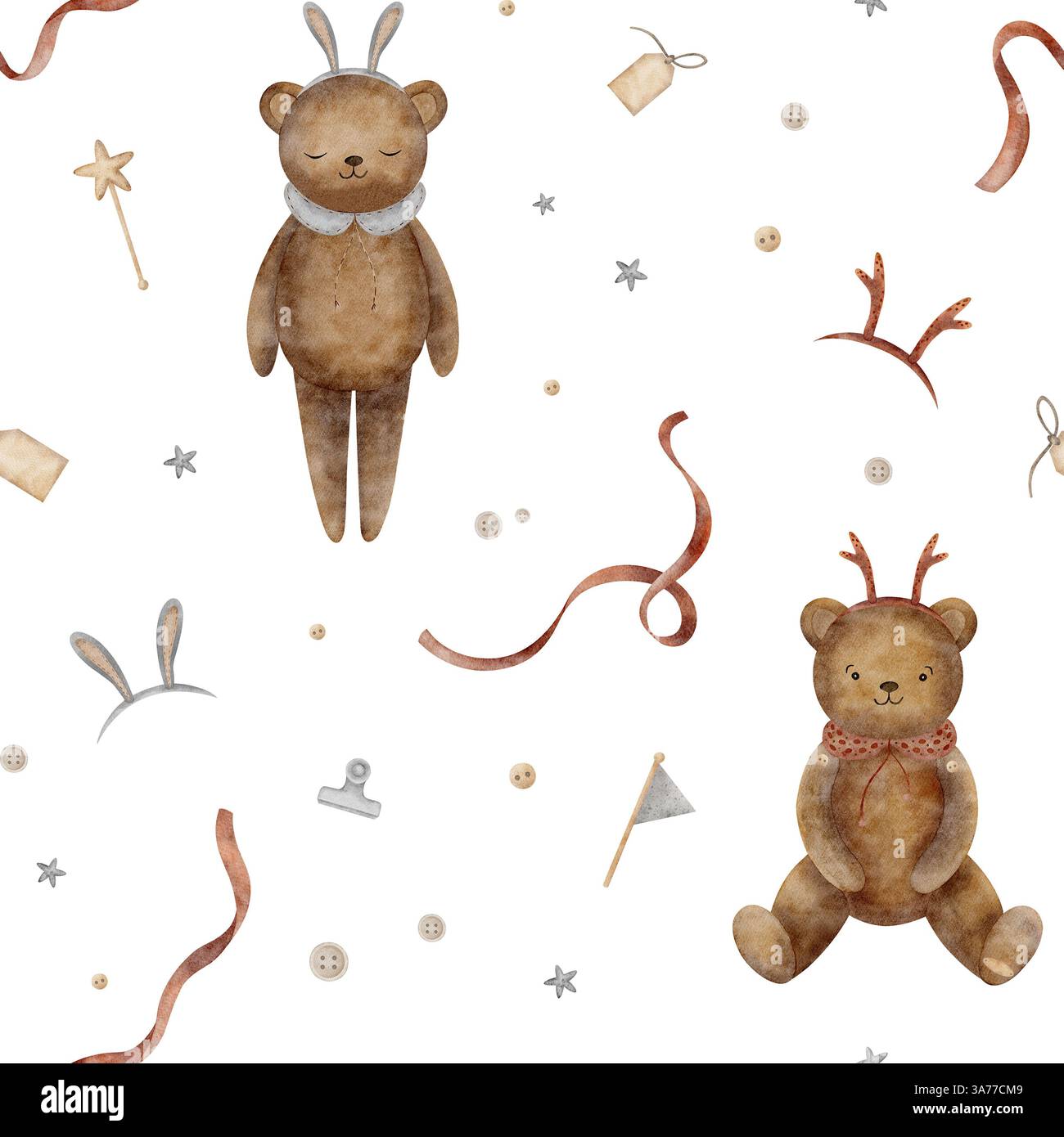 Orsacchiotto con motivo ad acquerello, orecchie di coniglio, corna di cervo, nastro, bottoni. Stampa senza cuciture di giocattoli vintage, illustrazione isolata sullo sfondo per tessuti Foto Stock