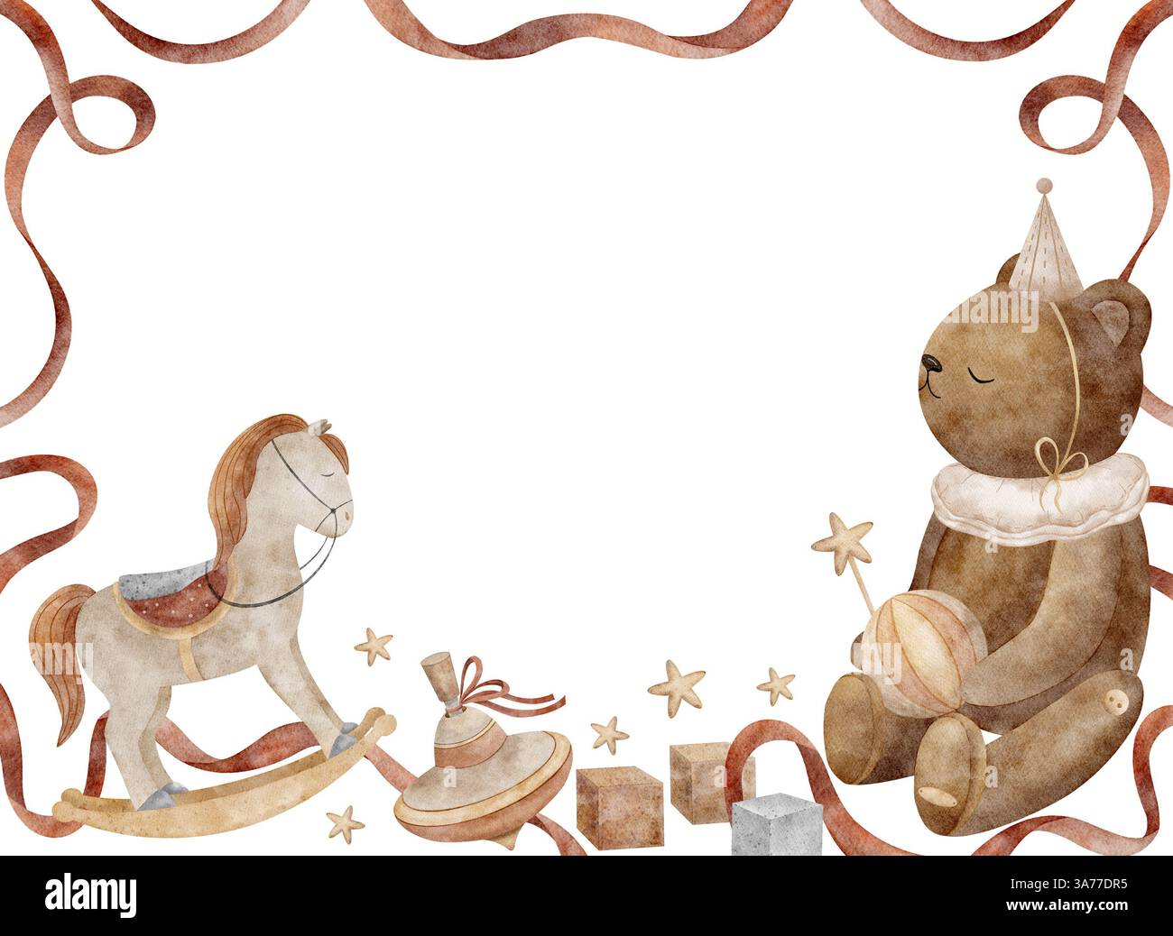 Cornice ad acquerello di nastri rossi, orsacchiotto con giocattoli vintage, cavallo a dondolo. Modello rettangolare con spazio di copia. Illustrazione disegnata a mano in retro Foto Stock