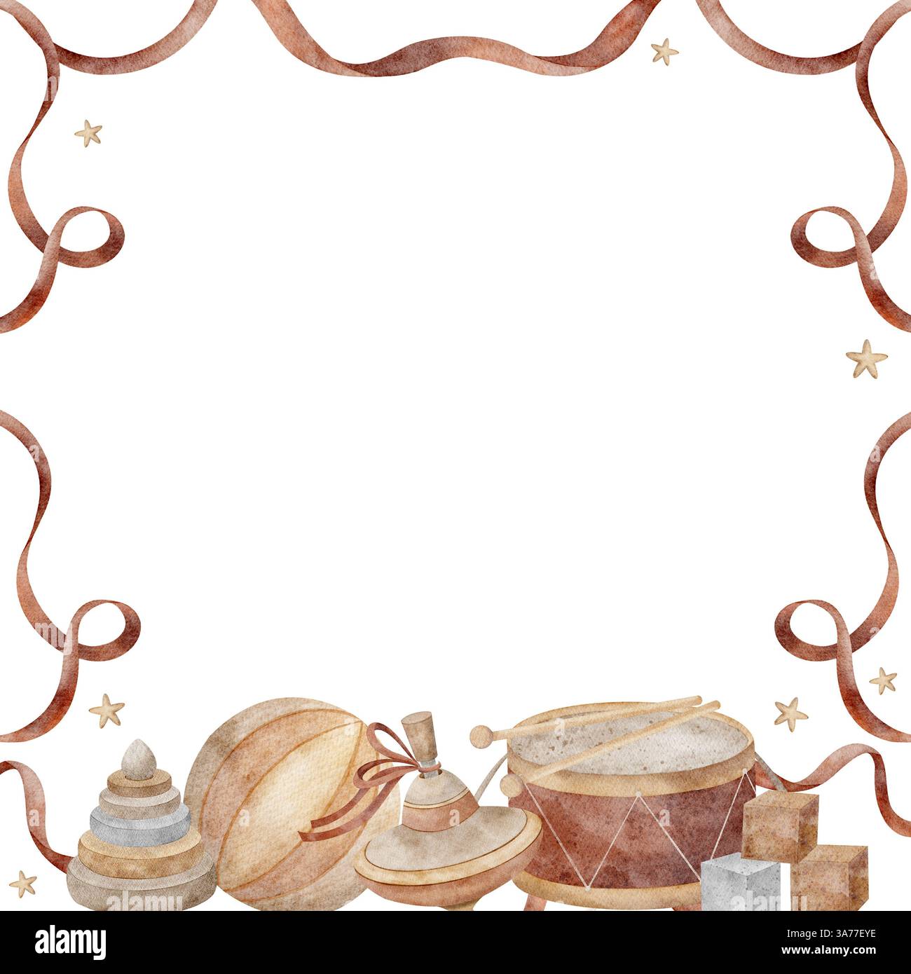 Cornice di tamburi, piramidi, cubi, top rotante, palla. Illustrazione acquerello su sfondo isolato. Spazio del modello barra multifunzione rossa per il testo per Foto Stock