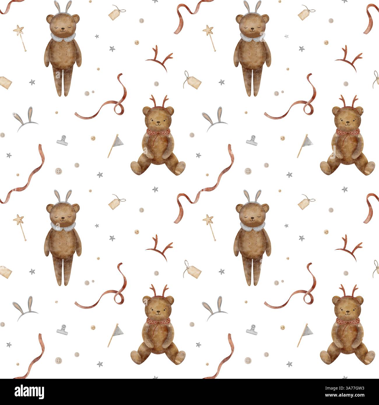 Giocattoli per orsacchiotto con motivo senza cuciture, orecchie da coniglio, corna di cervo, nastro, bottoni. Stampa acquerello in stile retrò natalizio. illustrazione isolata su Foto Stock