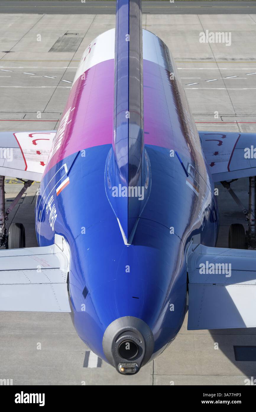 I contrassegni sull'ala di un Airbus A320, le frecce indicano la via di fuga, attraverso le uscite di emergenza, sopra l'ala, verso la parte posteriore, evacuazione di emergenza Foto Stock