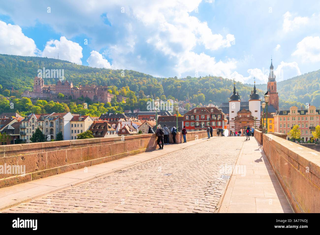 Il Ponte Vecchio di Karl Theodor e la porta del Ponte lungo il fiume Neckar con il Castello di Heidelberg alle spalle, nella città bavarese di Heidelberg in Germania Foto Stock
