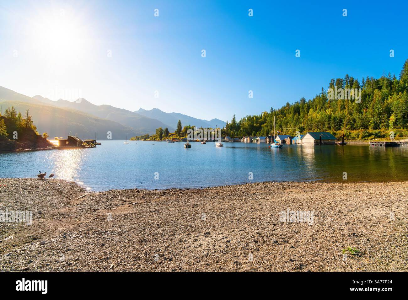 Sole mattutino sui cantieri navali, sul porticciolo, sulla spiaggia e sul molo sul lago Kootenay nella baia di Kaslo, nel piccolo villaggio rurale di Kaslo, British Columbia, Canada. Foto Stock