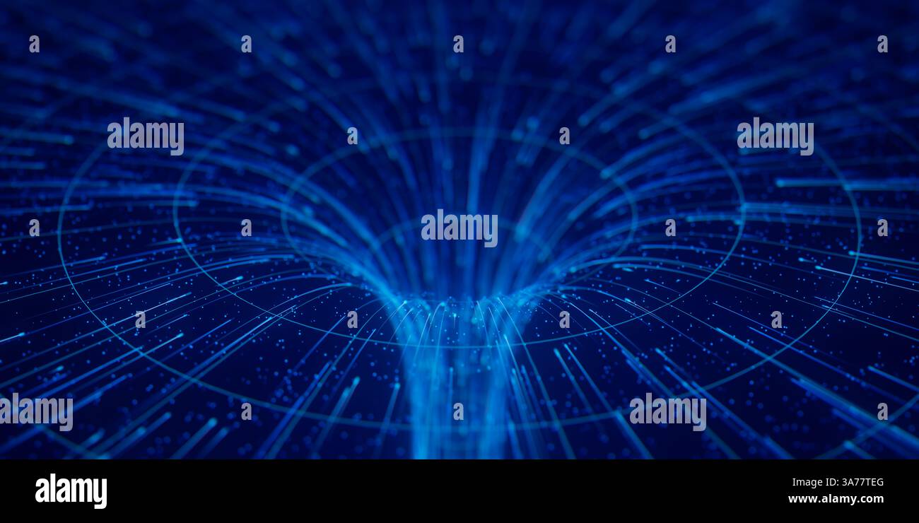 Flusso astratto di dati nel wormhole cibernetico. Vortice di informazioni di calcolo quantistico. Singolarità digitale. Foto Stock