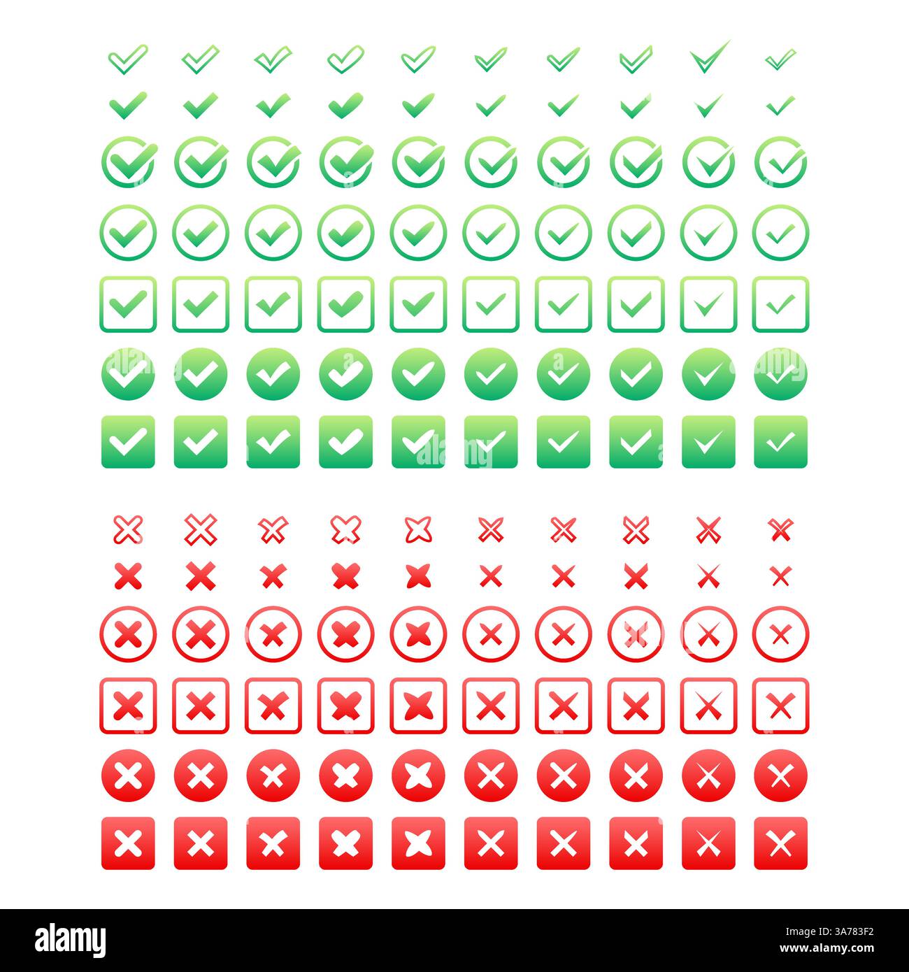 Impostare segni di spunta e croci. Segno di spunta e icona del segno X. Approvato o rifiutato, corretto o errato. Illustrazione vettoriale Illustrazione Vettoriale