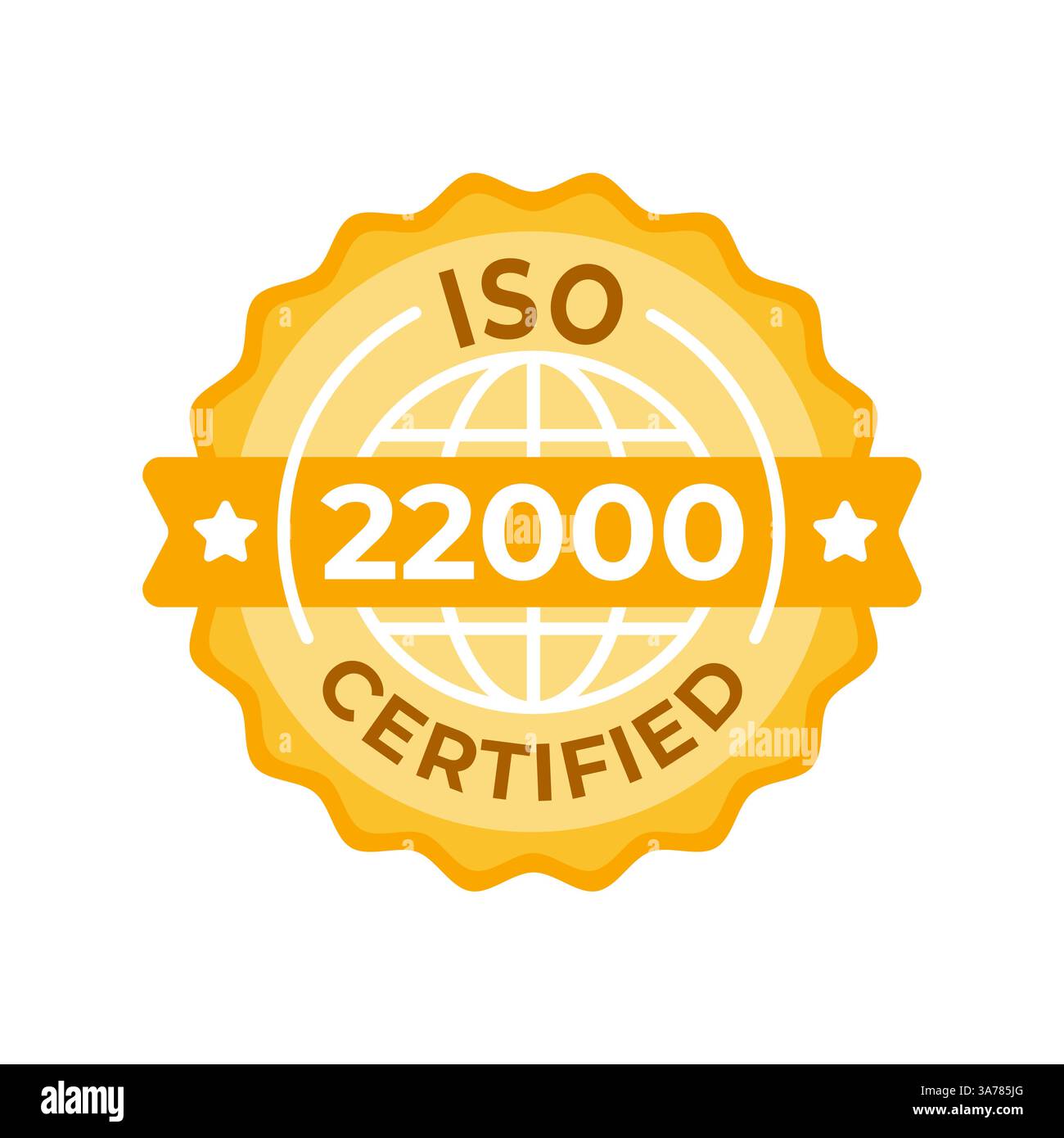 Illustrazione vettoriale del sigillo certificato ISO 22000 con logo e stelle dorate, che rappresenta gli standard internazionali di gestione della sicurezza alimentare Illustrazione Vettoriale