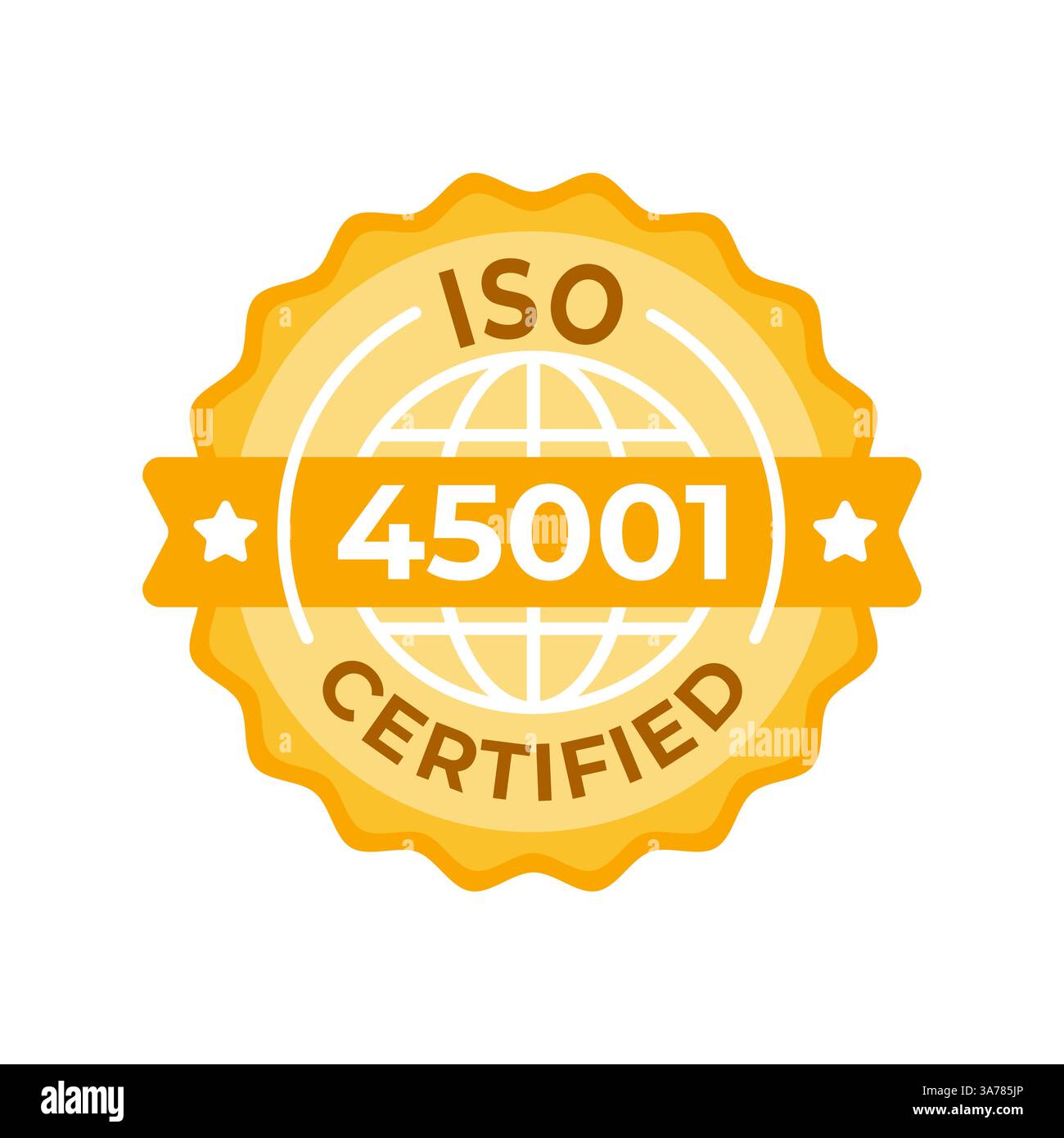 Badge certificato ISO 45001. Un sigillo di approvazione vibrante e dorato che mostra gli standard globali per i sistemi di gestione della salute e della sicurezza sul lavoro Illustrazione Vettoriale