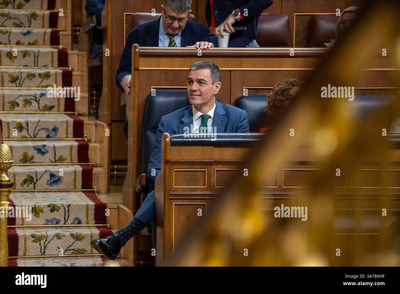 Madrid, Spagna. 26 marzo 2025. Pedro Sánchez, Presidente del governo spagnolo, visto durante un'apparizione dinanzi al Congresso dei deputati per riferire sul nuovo panorama geopolitico dell'Unione europea e sulle conclusioni del Consiglio europeo tenutosi il 20 marzo a Bruxelles. Crediti: D. Canales Carvajal/Alamy Live News Foto Stock