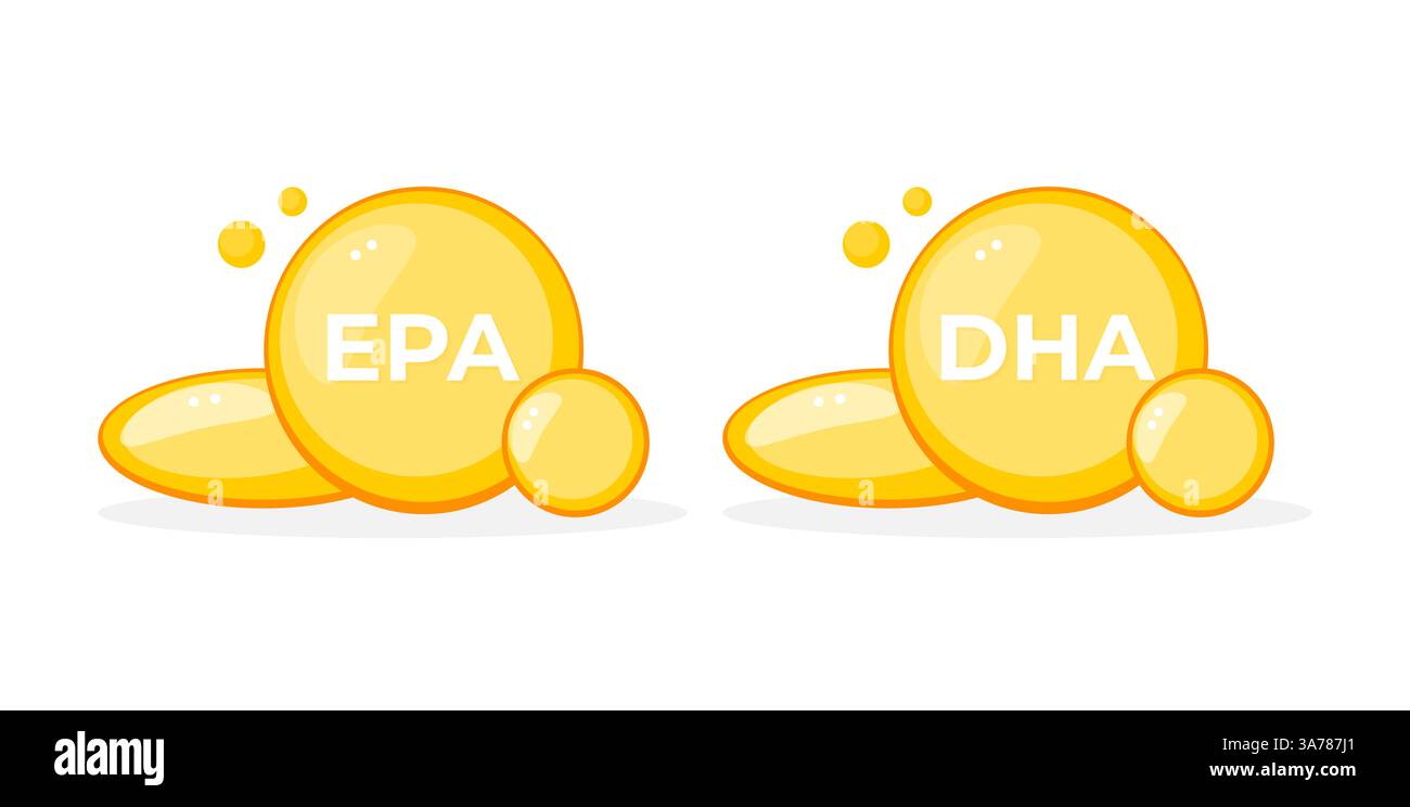 Acidi grassi essenziali EPA e DHA in capsule gialle assolate Illustrazione Vettoriale