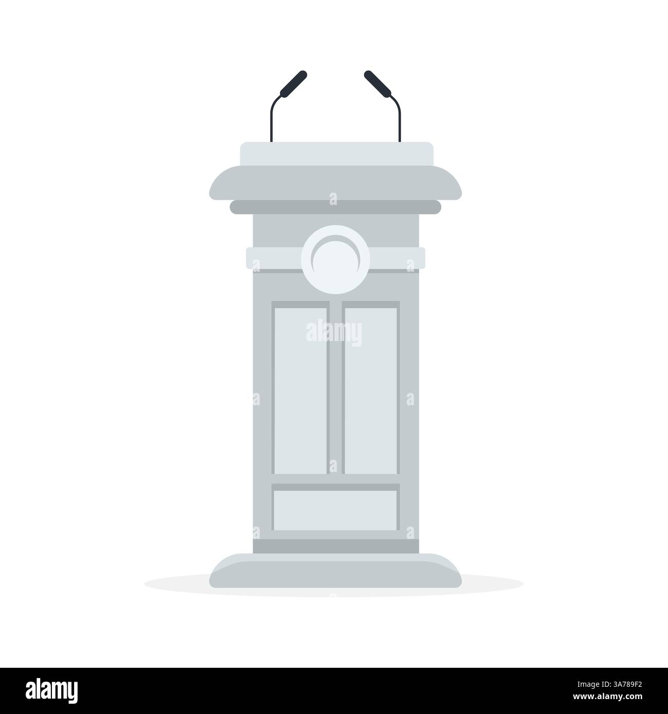 Podio grigio con due microfoni, che indica un luogo per discorsi o presentazioni Illustrazione Vettoriale