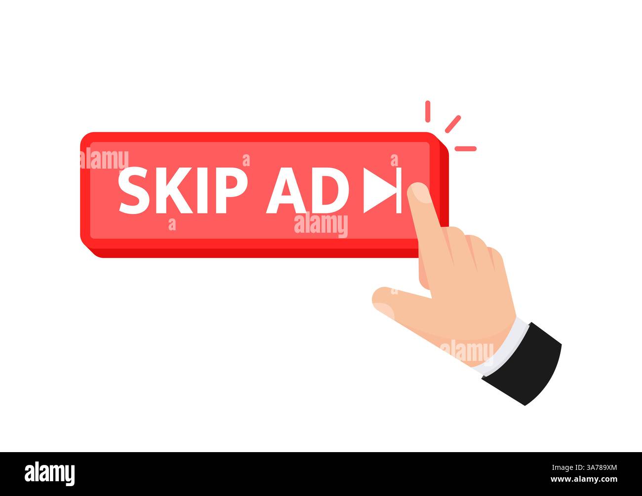 Mano premendo un pulsante Salta annuncio, comunemente visualizzato sulle piattaforme video Illustrazione Vettoriale