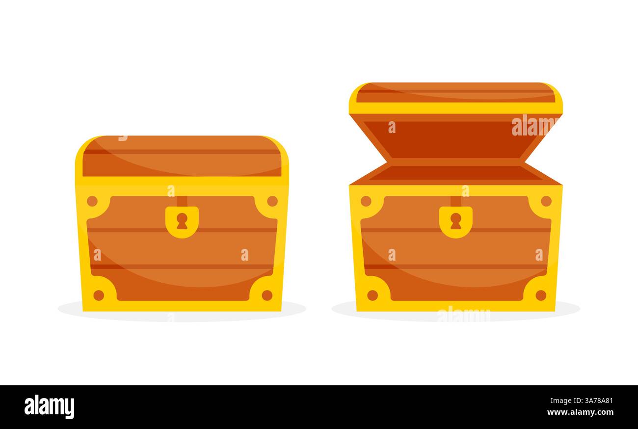 Cassa di legno. Cassetta del tesoro aperta e chiusa. Illustrazione vettoriale Illustrazione Vettoriale