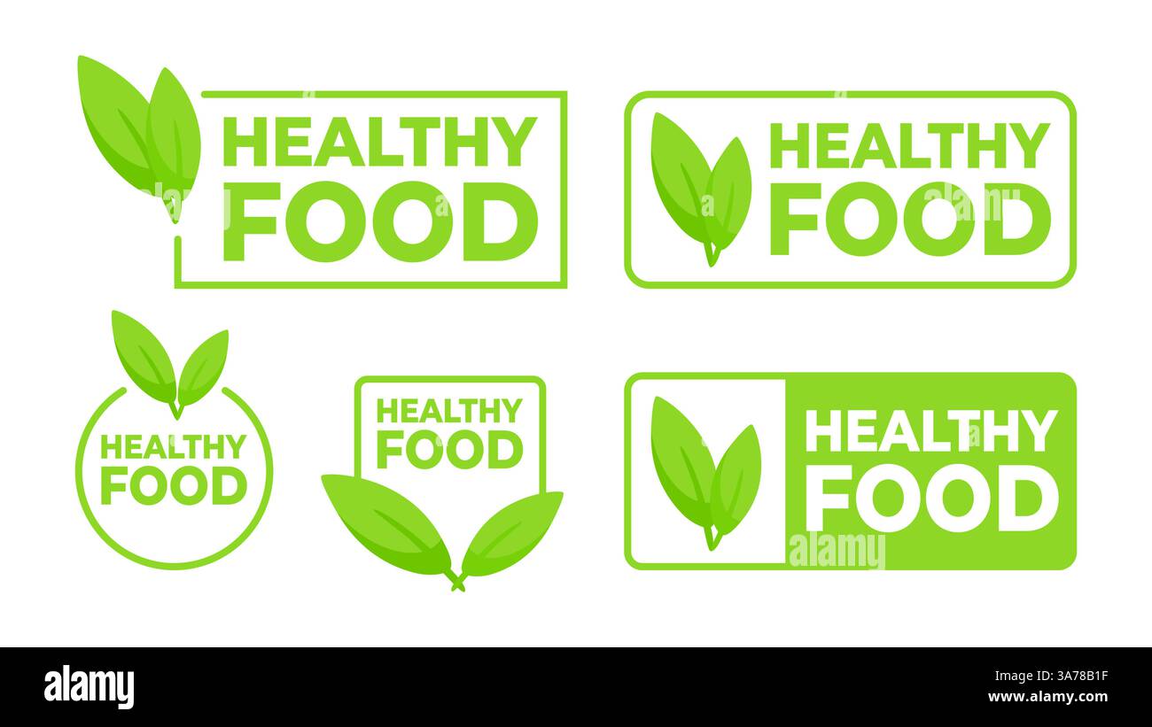Set di etichette verdi con testo Healthy Food e un'icona a foglia, per contrassegnare le opzioni alimentari nutrienti e salutari. Illustrazione Vettoriale