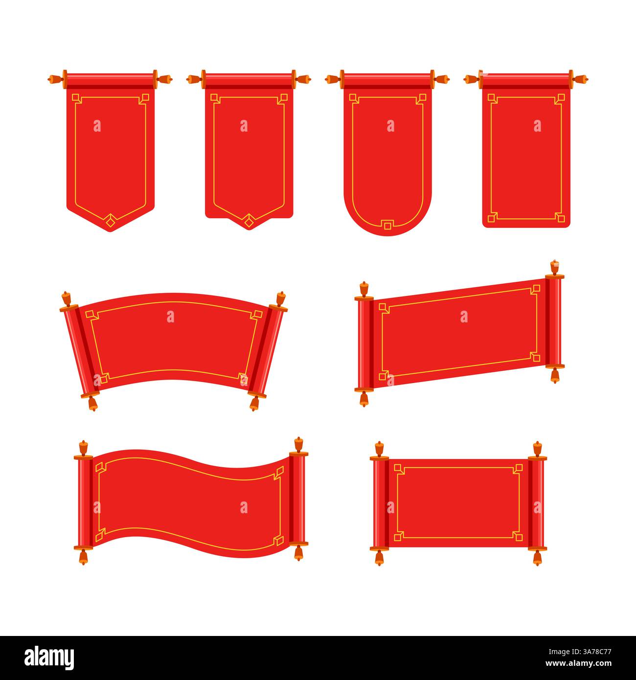 Serie di rotoli antichi rossi. Scorrimento cinese impostato. Illustrazione vettoriale Illustrazione Vettoriale