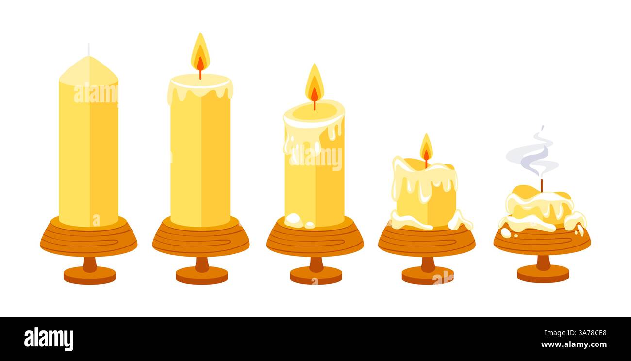 Candela bruciata. Collezione di candele di cera in stile cartoni animati. Candele aroma SPA. Cera d'api, paraffina e soia Illustrazione Vettoriale