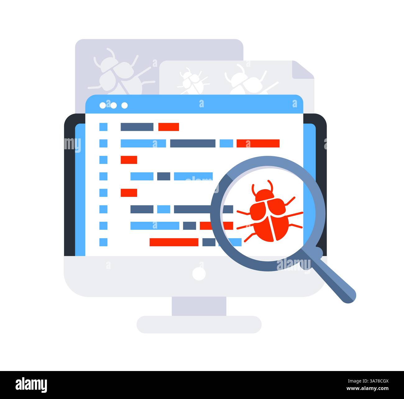 Rilevamento bug computer. Notifica errore bug. Avviso errore di sistema. Test del software. Lente di ingrandimento che cerca malware Illustrazione Vettoriale
