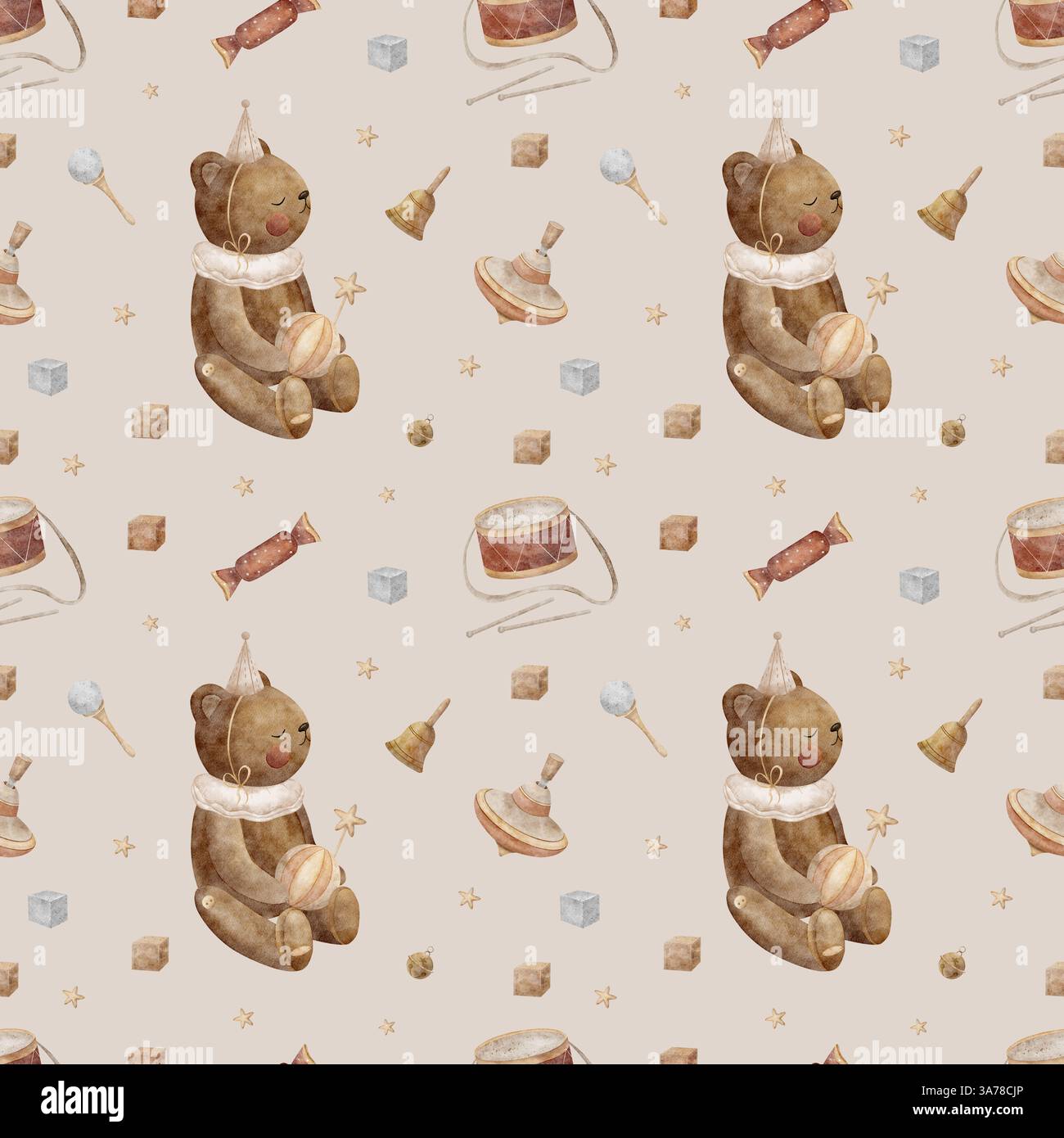 Giocattoli vintage con fantasia senza cuciture orsacchiotto. Illustrazione acquerello su sfondo beige chiaro in stile retrò per la stampa su tessuti e tessuti Foto Stock