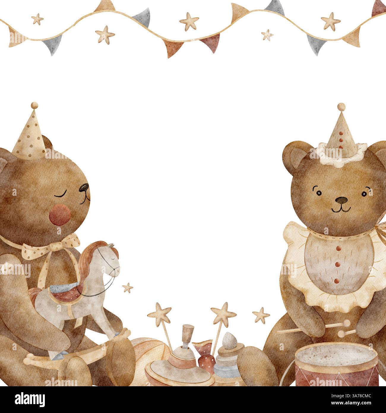 Incorniciare orsi, cavalli a dondolo, piramidi e bandiere di ghirlande. Illustrazione ad acquerello disegnata a mano in stile retrò. Sagoma quadrata con spazio per Foto Stock