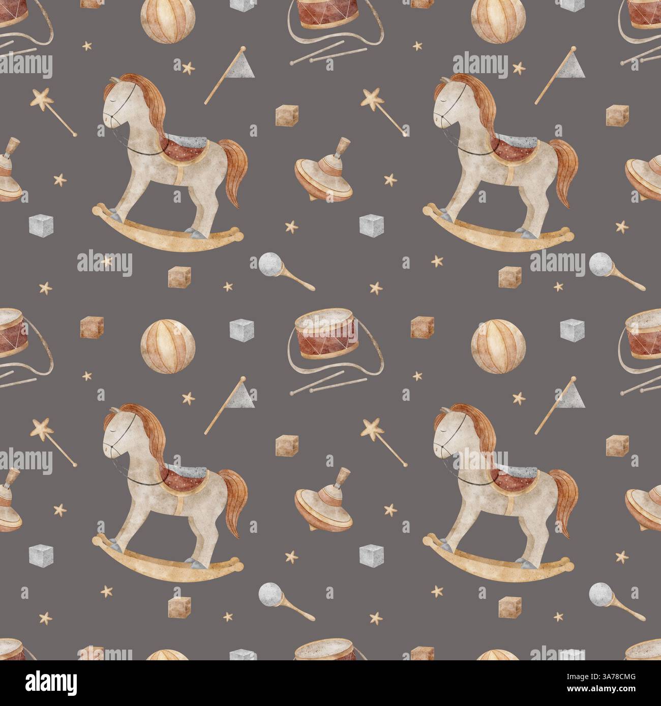 Dondolo con fantasia senza cuciture con giocattoli vintage sulla parte superiore, palla, tamburo. Disegno ad acquerello su sfondo grigio in stile retrò per la stampa su bambini Foto Stock