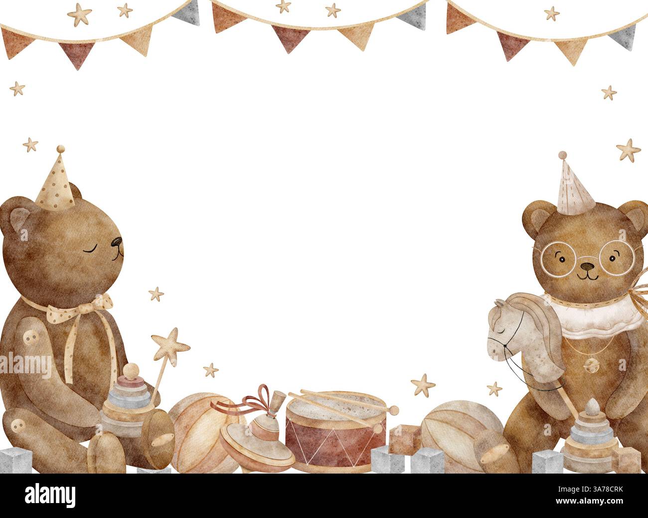 Cornice rettangolare ad acquerello con orsacchiotto in abiti festivi con giocattoli vintage. Illustrazione in stile retrò su sfondo bianco. Modello con Foto Stock