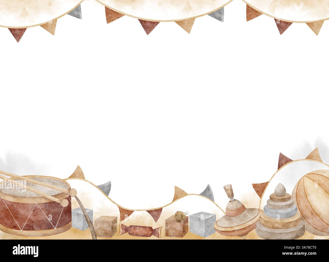 Montatura ad acquerello con giocattoli vintage, tamburo, cubi di gioco, top girevole per bambini, bandiere di ghirlande. Modello rettangolare con spazio per il testo. Cartone animato disegnato a mano Foto Stock