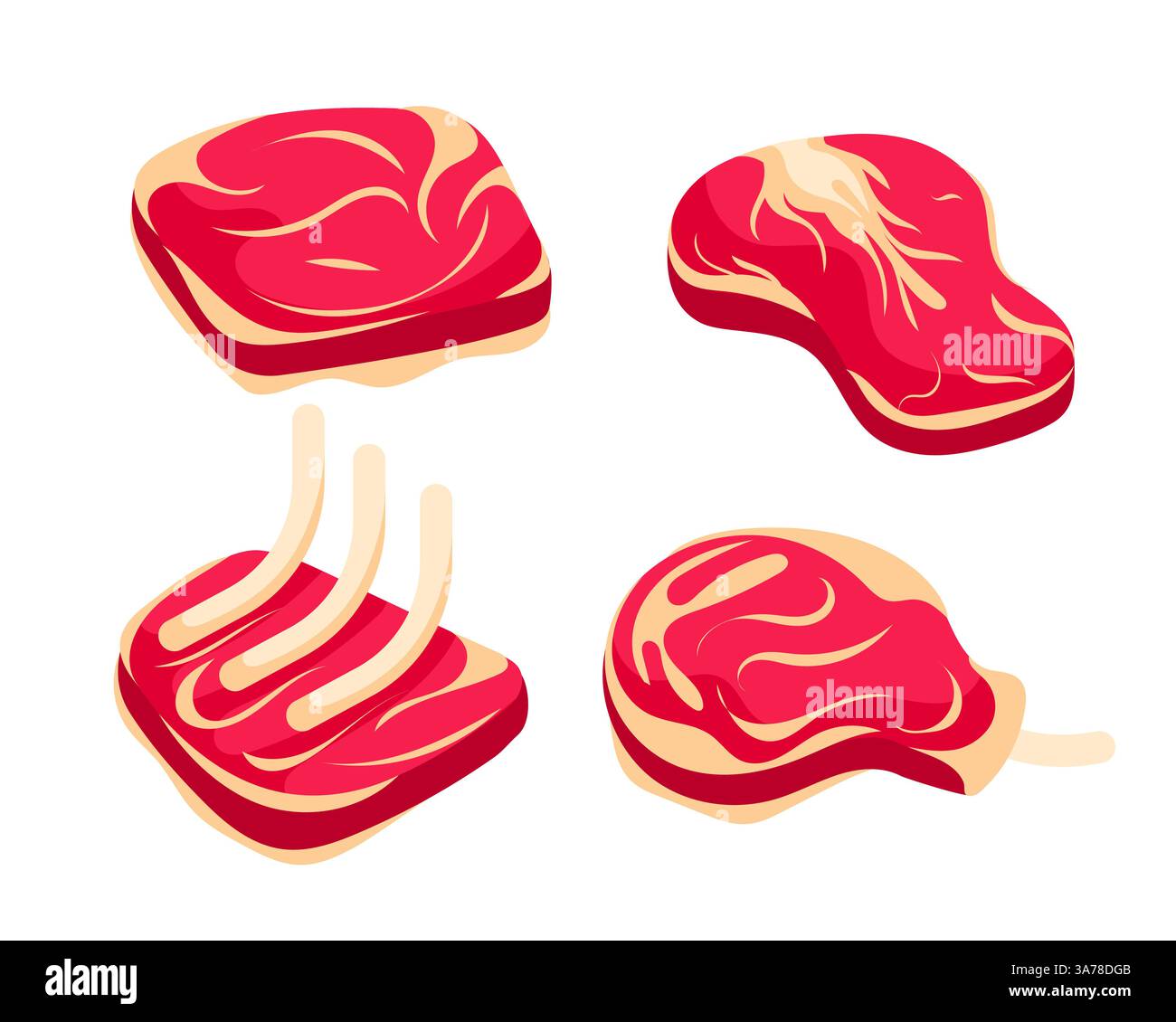 Bistecca di carne fresca, cruda e grigliata. Carne di manzo e maiale. Cibo per barbecue. Illustrazione Vettoriale