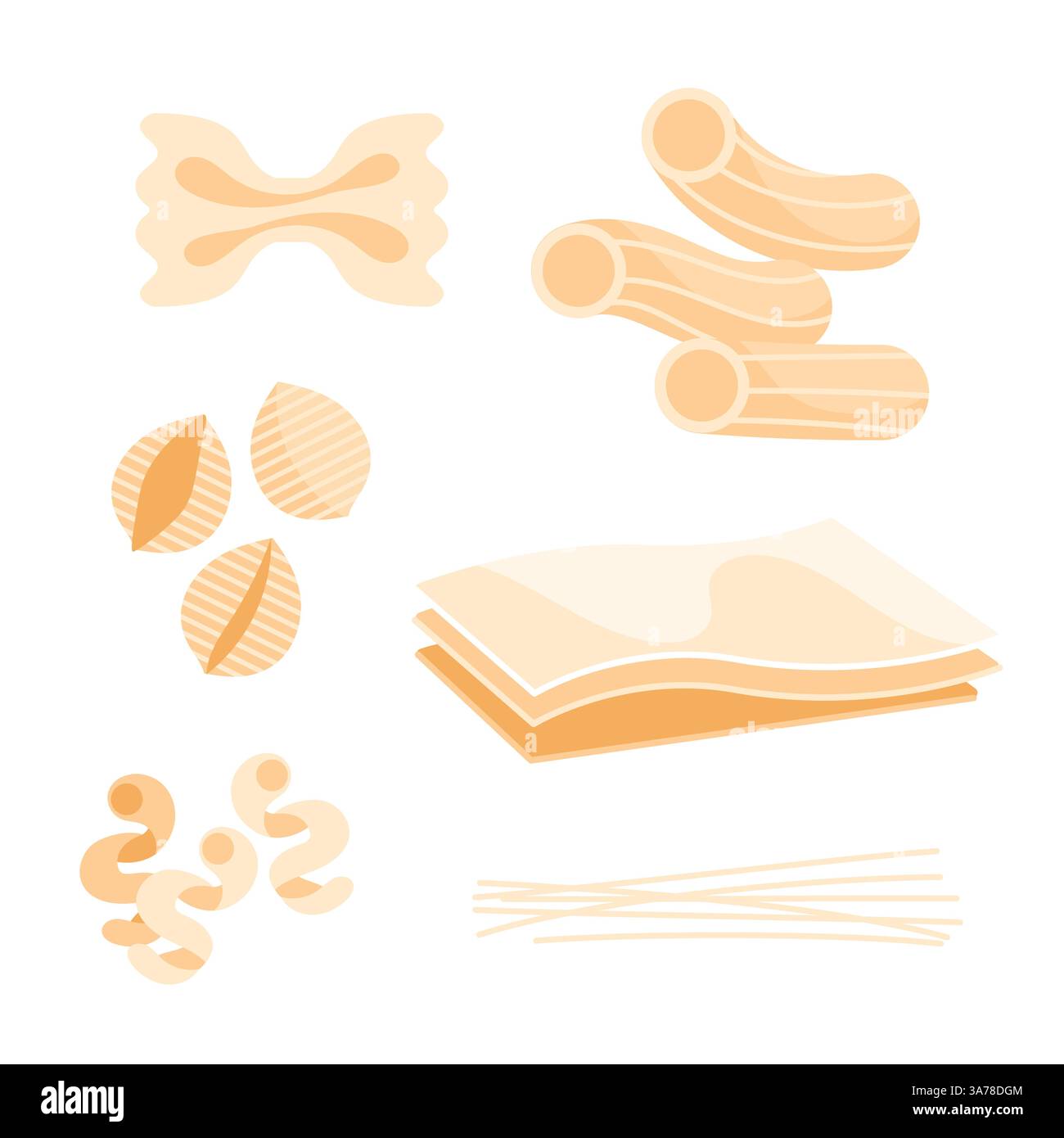 Pasta di forme diverse. Collezione di prodotti alimentari italiani. Spaghetti, Farfalle e penne. Illustrazione Vettoriale