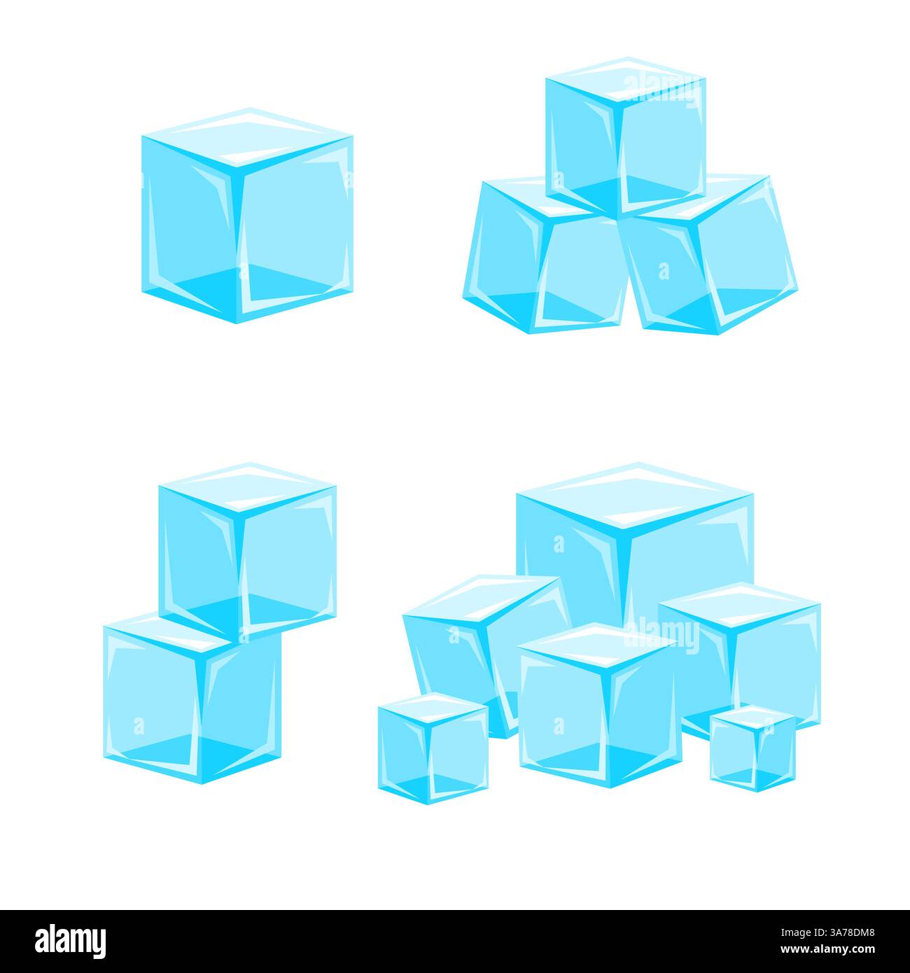 Set di cubetti di ghiaccio. Acqua blu congelata. Pila di cubetti ghiacciati per cocktail Illustrazione Vettoriale