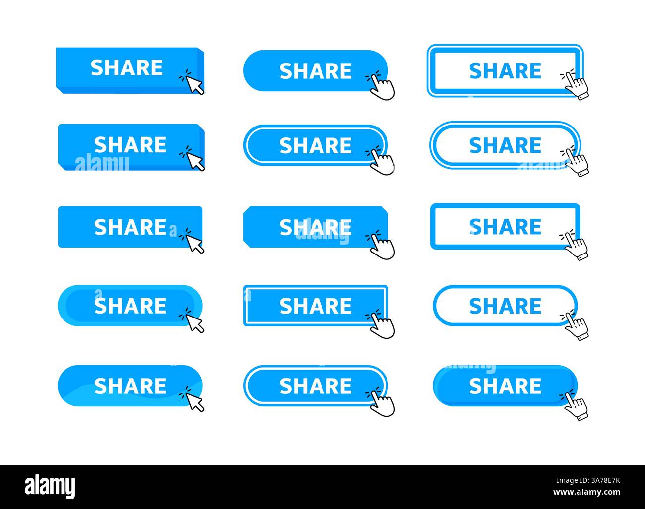 Pulsante Condividi facendo clic con il puntatore. Pulsante Web. Pressione delle dita. Fare clic per condividere il concetto. Illustrazione vettoriale Illustrazione Vettoriale