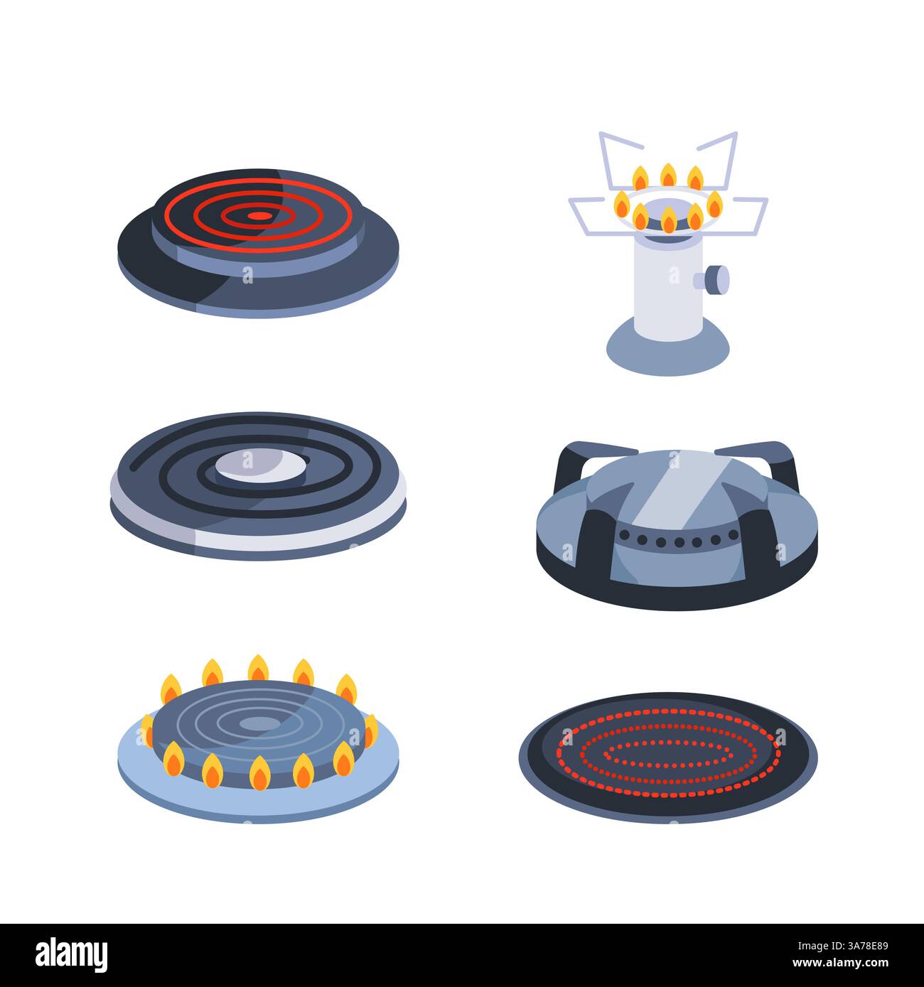 Fornello, bruciatore a gas. Cucina elettrica e a gas. Piano cottura elettrico da cucina Illustrazione Vettoriale