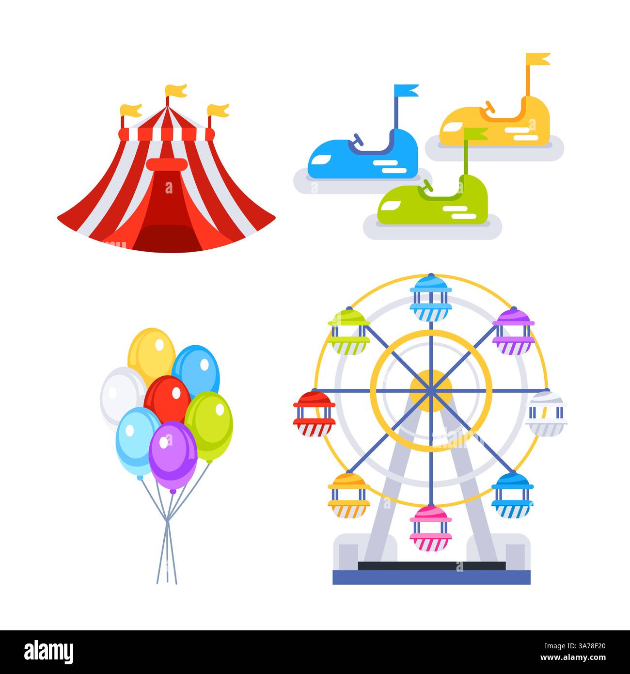Attrazioni e giostre del parco divertimenti. Tenda circo. Ruota panoramica. Architettura elementi di intrattenimento. Illustrazione Vettoriale