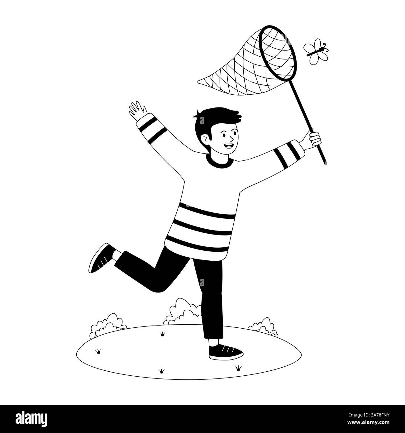 Bambino che insegue con gioia una farfalla con una rete in una zona erbosa durante una giornata di sole Illustrazione Vettoriale