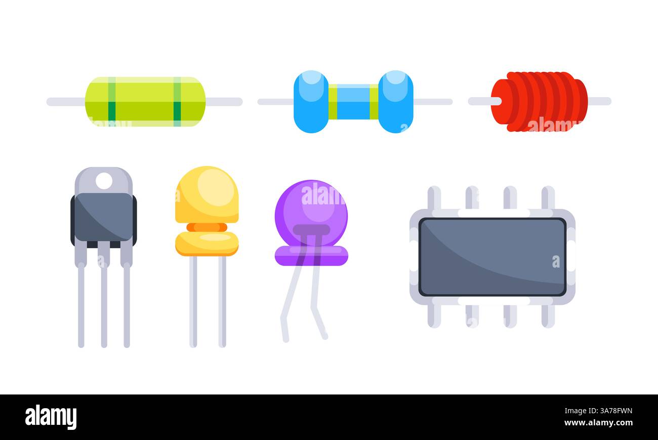 I componenti elettronici disposti in modo ordinato su sfondo bianco sono caratterizzati da una complessa tecnologia e circuiti, dai resistori ai transistor Illustrazione Vettoriale