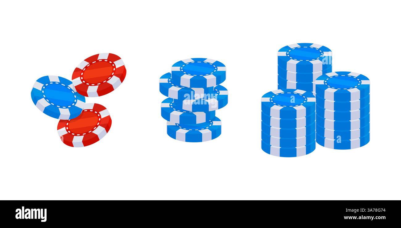 Gettoni rosse e blu del casinò impilati e caduti che rappresentano il gioco d'azzardo, la vittoria e la perdita di denaro Illustrazione Vettoriale