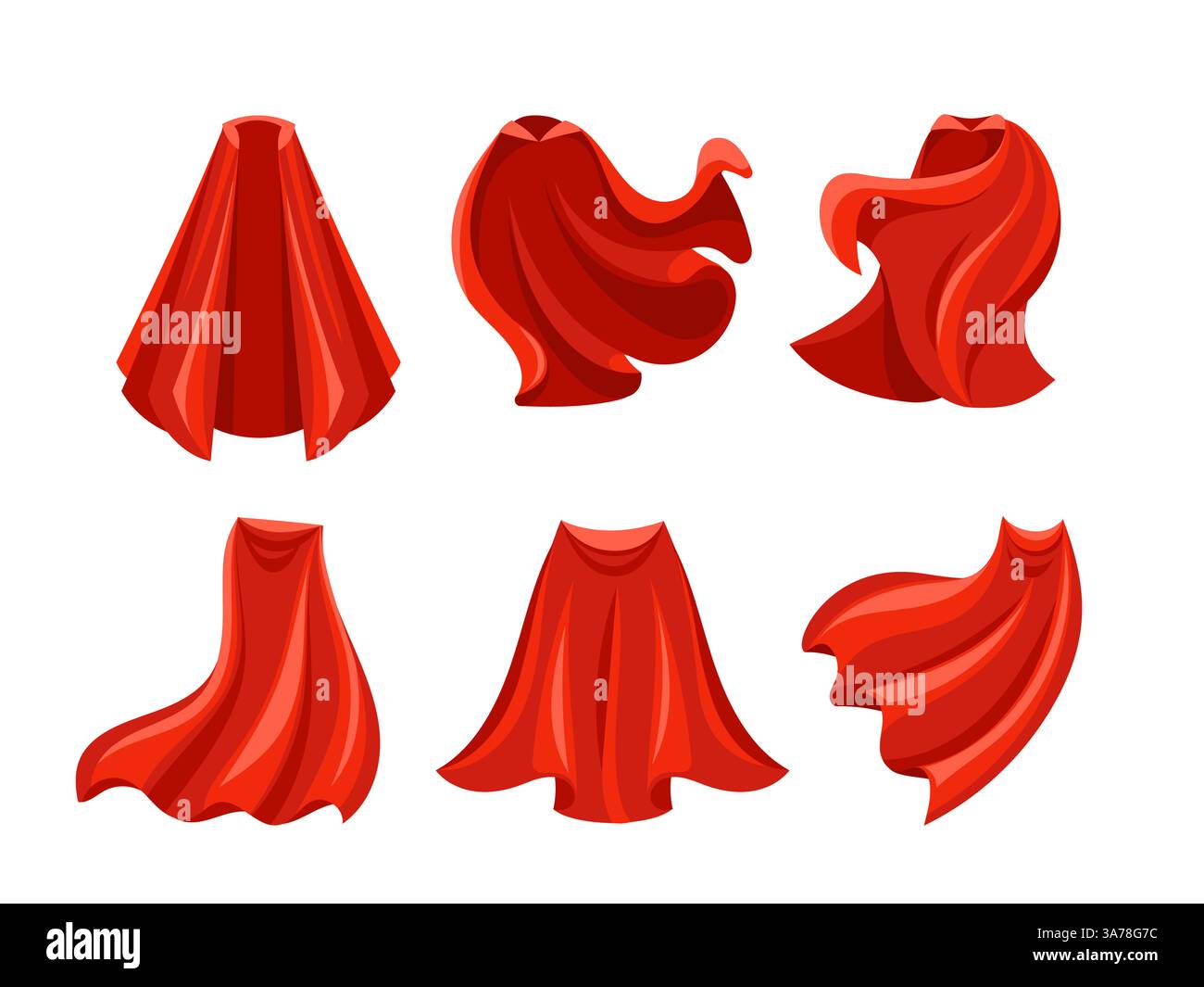 Sei illustrazioni di un mantello rosso da supereroe, che si muove nel vento e adatto a fumetti o fantasia Illustrazione Vettoriale