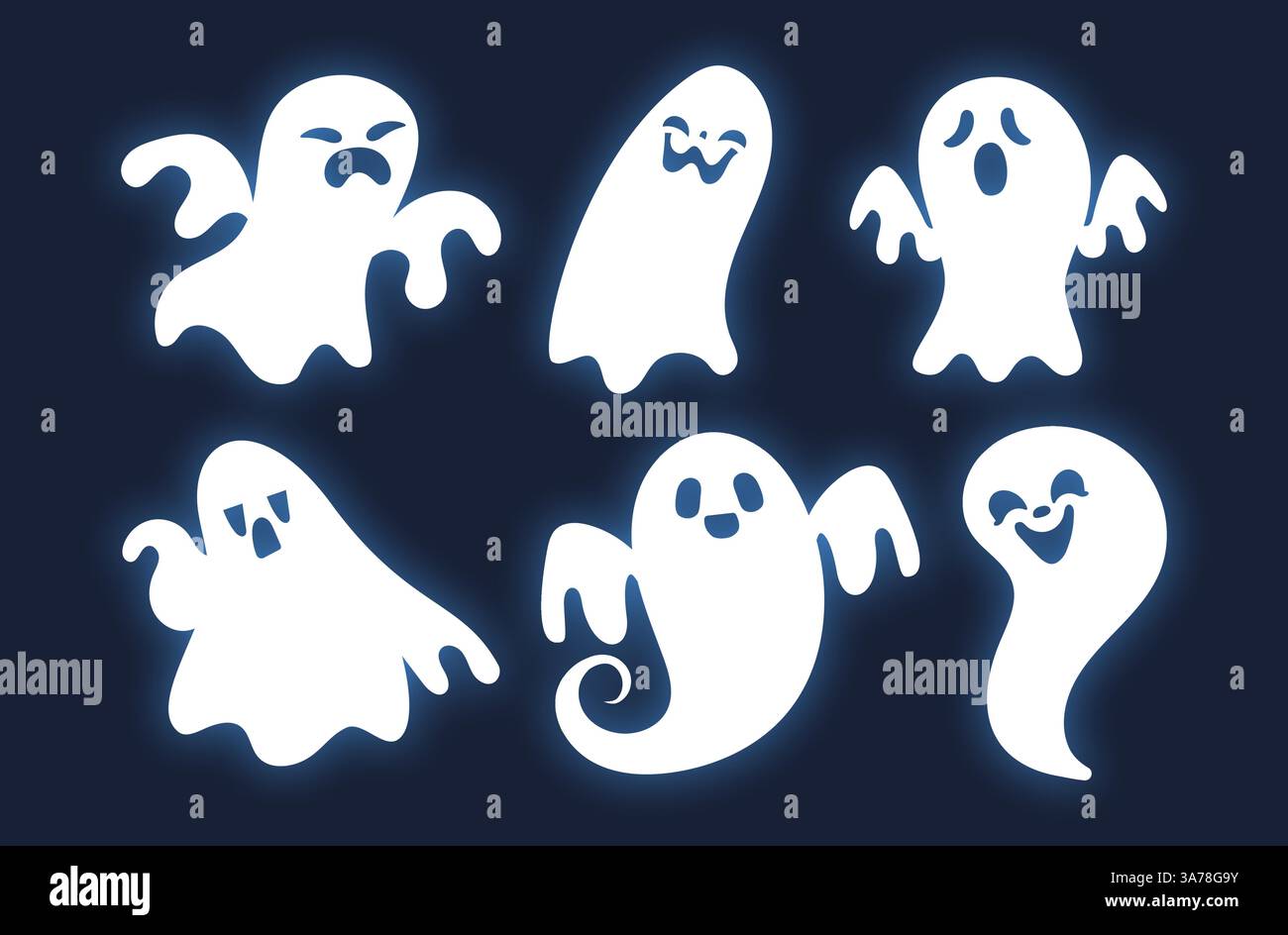 Sei fantasmi dei cartoni animati fluttuano e creano volti diversi, da felici a spaventati, su uno sfondo blu scuro Illustrazione Vettoriale