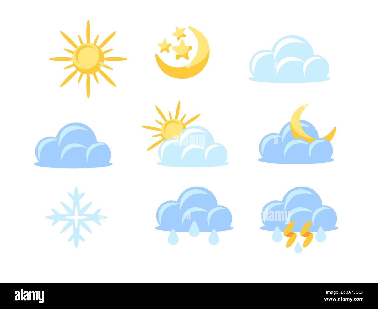 Icone meteorologiche che rappresentano le condizioni di sole, nuvolose, piovose, tempeste e nevose, giorno e notte Illustrazione Vettoriale