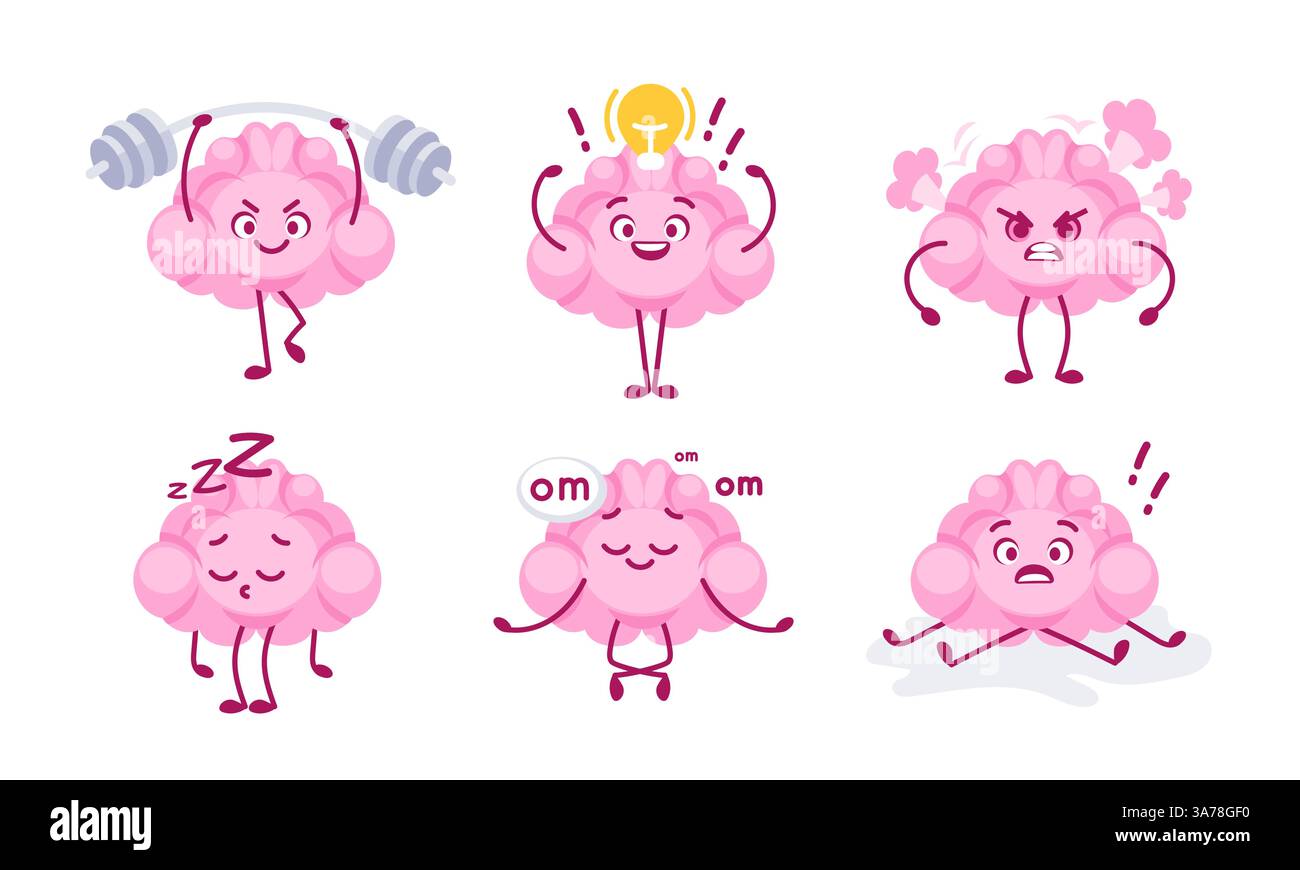 Set di cervelli dei cartoni animati che rappresentano stati mentali come rabbia, rilassamento, concentrazione e sonnolenza Illustrazione Vettoriale