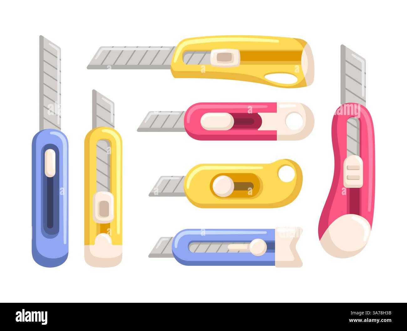 Collezione di coltelli multiuso colorati con lame affilate per il taglio di carta, cartone e materiali plastici sottili isolati su sfondo bianco Illustrazione Vettoriale