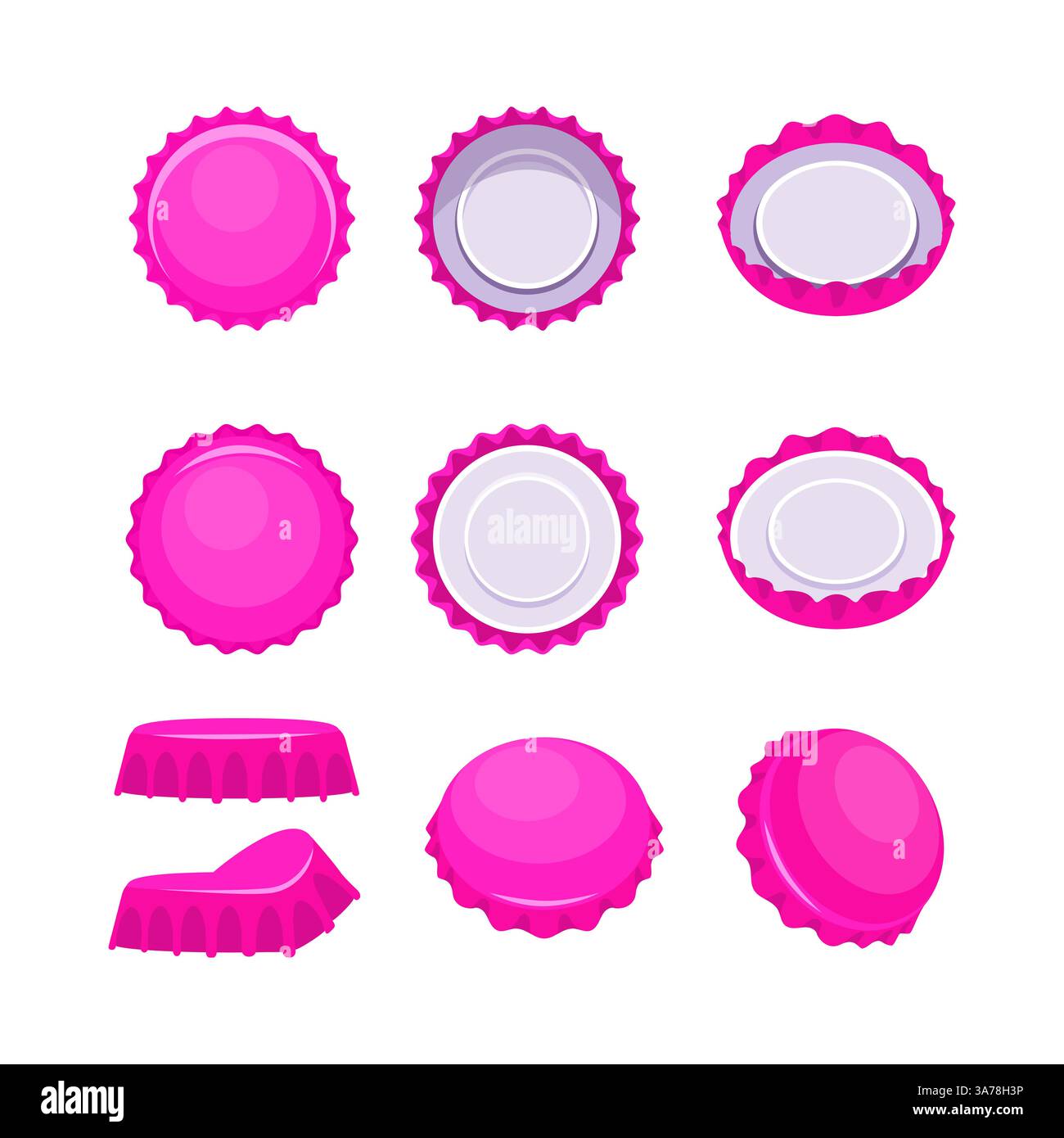Nove tappi per bottiglie rosa in posizioni diverse, isolati su sfondo bianco Illustrazione Vettoriale