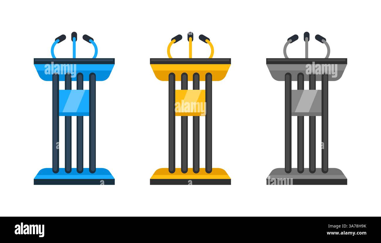 Set di supporti per tribune podio con microfoni per conferenze o speaker pubblici isolati su sfondo bianco Illustrazione Vettoriale