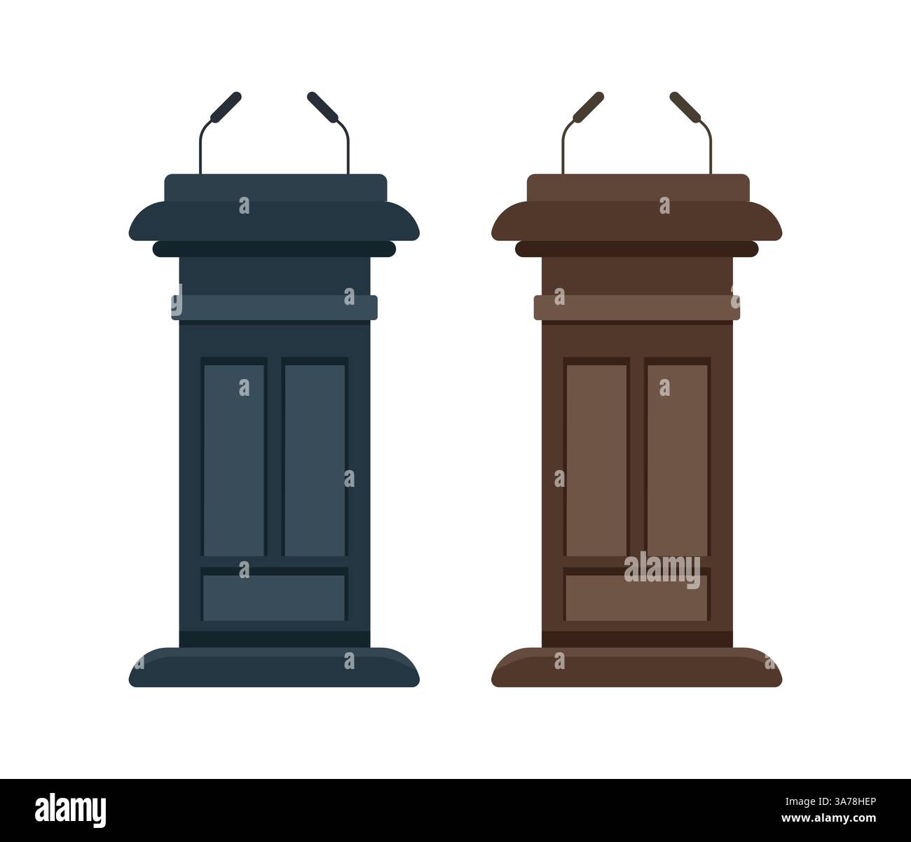 Due piedistalli vuoti in legno con tribuno di podio e microfoni in attesa di un altoparlante Illustrazione Vettoriale