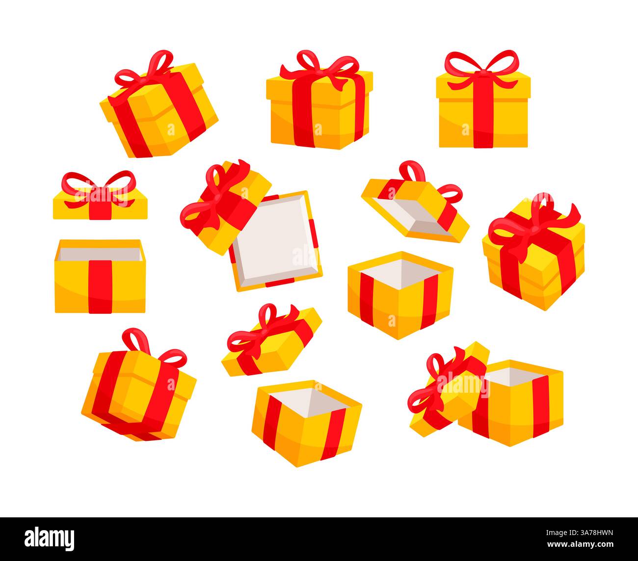 Set di scatole regalo gialle decorate con nastri rossi, alcune chiuse, altre aperte, isolate su sfondo bianco Illustrazione Vettoriale