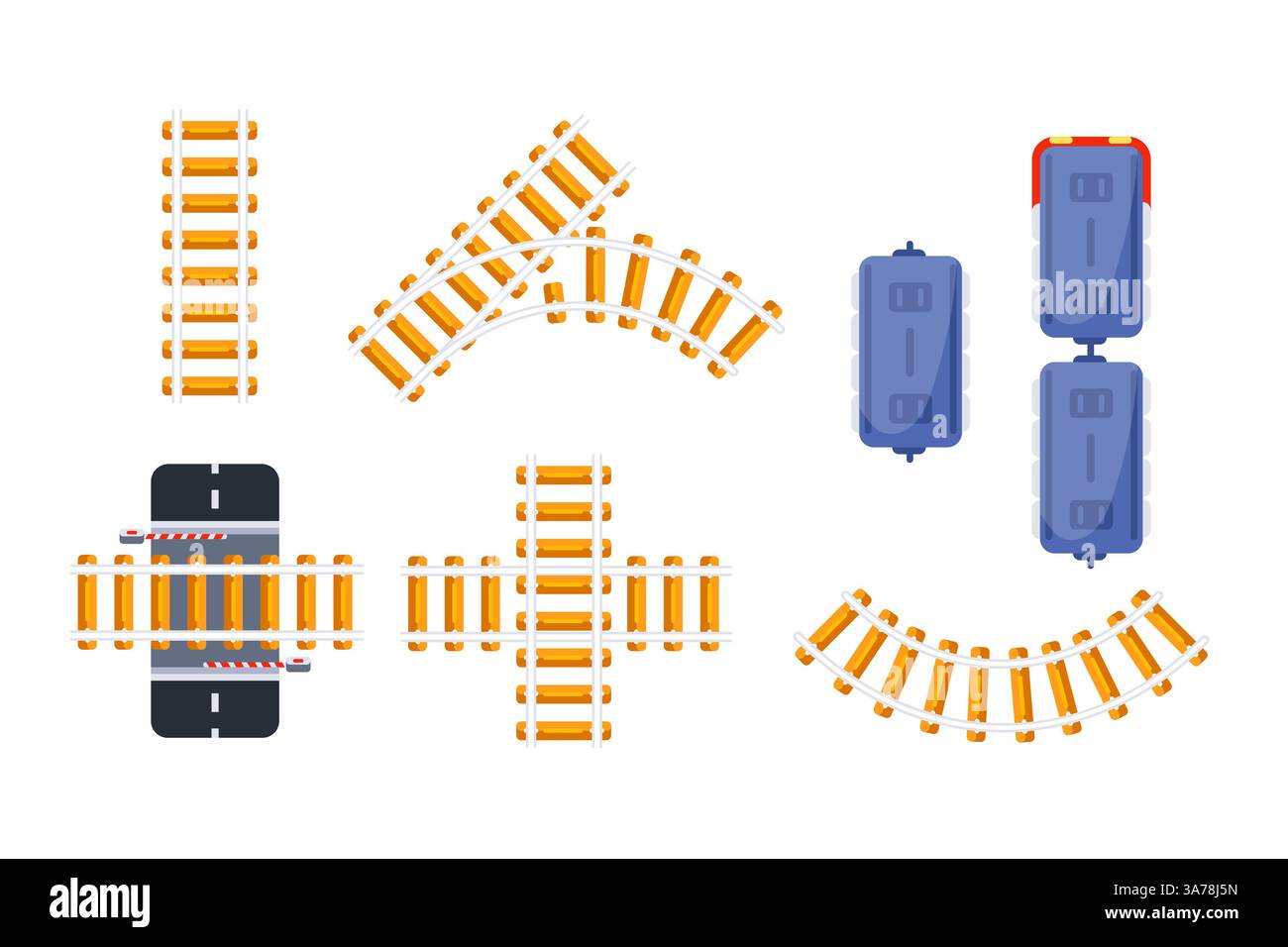Serie di elementi ferroviari che mostrano diversi tipi di ferrovie con attraversamenti e vagoni ferroviari. Illustrazione Vettoriale