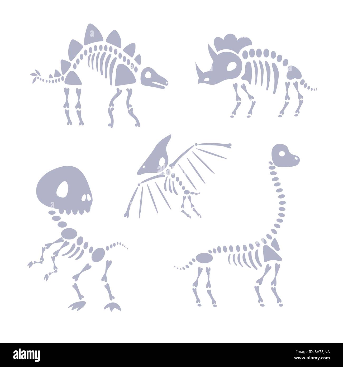 Set di cinque scheletri di dinosauro in piedi su due gambe con ossa visibili Illustrazione Vettoriale