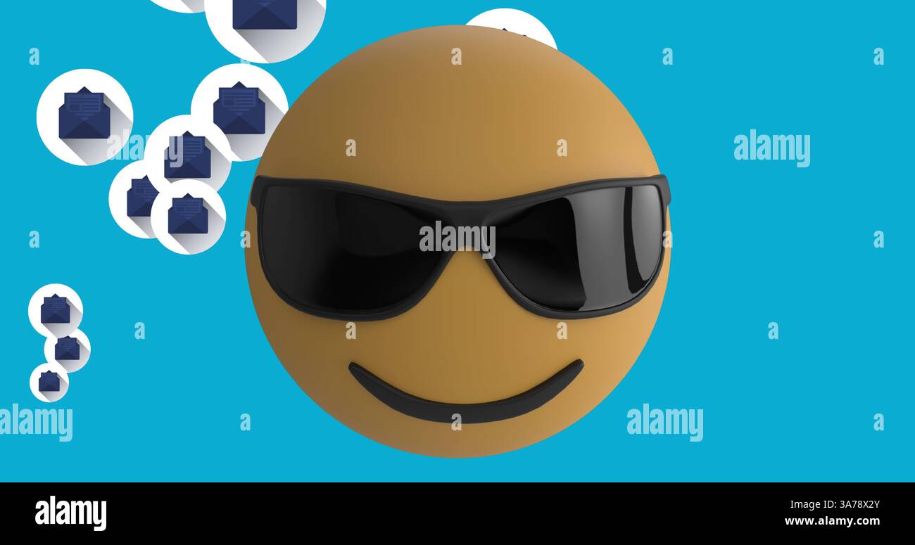 Immagine dell'icona emoji con occhiali da sole con icone e-mail su sfondo blu Foto Stock